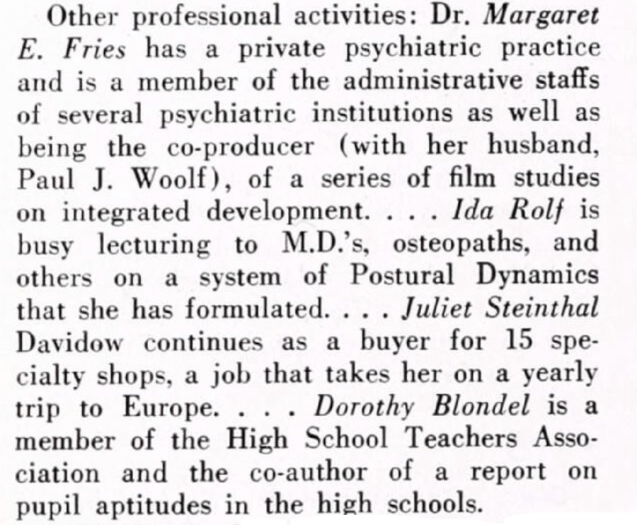 Paragraph of class notes in two typefaces, naming Ida Rolf in italics: busy lecturing to M.D.’s, osteopaths, and others on a system of Postural Dynamics