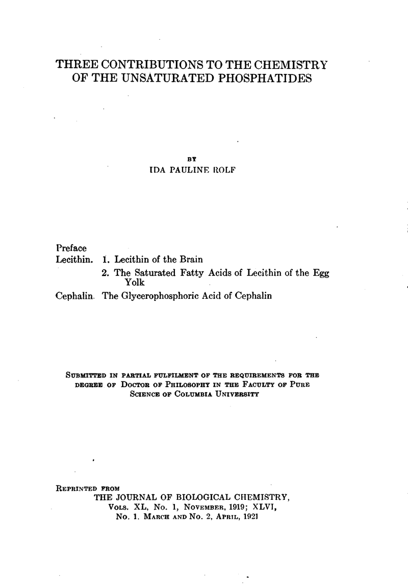 Printed title page: Three Contributions to the Chemistry of the Unsaturated Phosphatides, by Ida Pauline Rolf, with contents, a degree statement and a note on the journal reprint