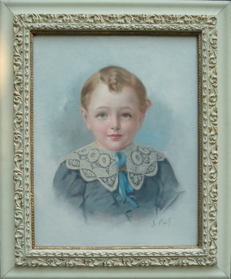 Painted portrait of Ida Rolf as a small child, fair hair with a curl combed high, a wide lace collar and a blue ribbon, in a white and gilt frame