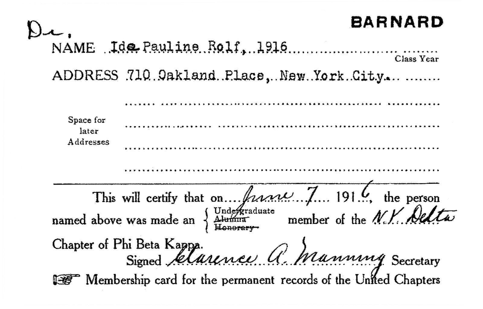 Phi Beta Kappa membership card, a printed form completed by typewriter and pen, recording Ida Pauline Rolf’s election on 7 June 1916